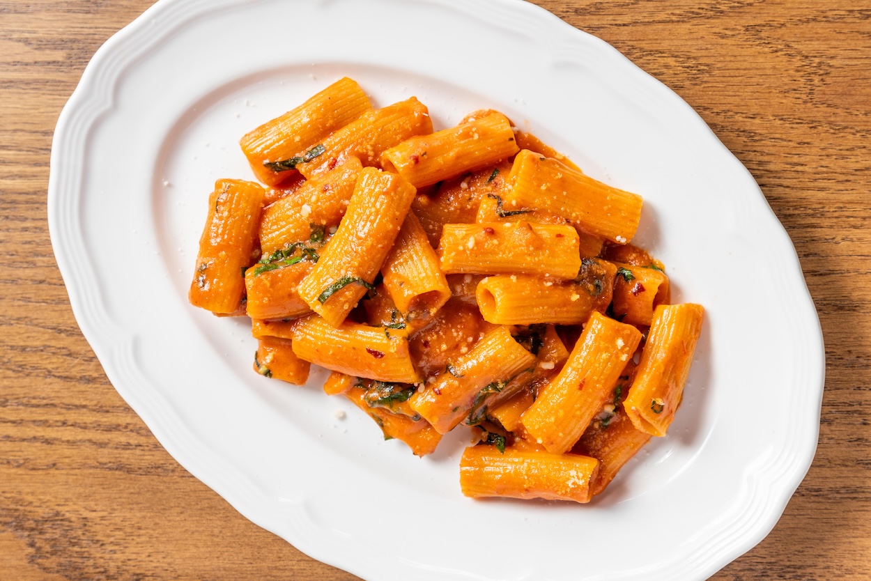 Spicy rigatoni pasta dish.